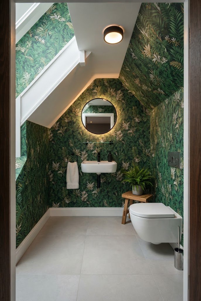 Bold statement wallpaper wrapped over walls and sloped ceiling in a small bathroom under stairs