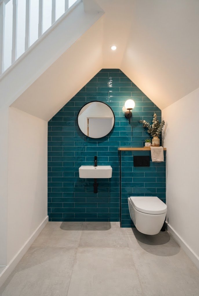 Glossy deep teal tile wall behind a white basin with black faucet in a small under stairs bathroom