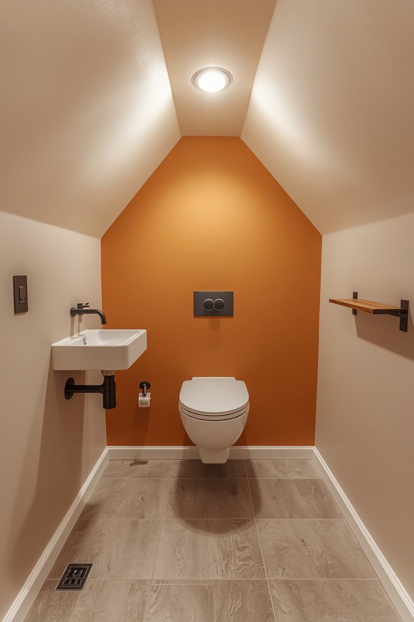 Wall-hung toilet and corner sink in a small under stairs bathroom