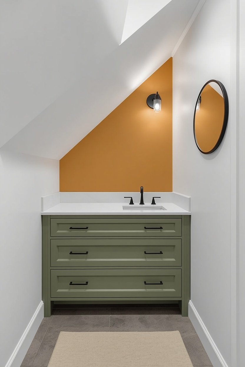 Custom sage green sloped ceiling vanity with white top and black pulls in an under stairs bathroom