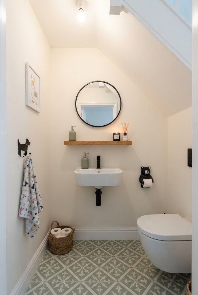 Fun accessories finishing a small quirky downstairs toilet