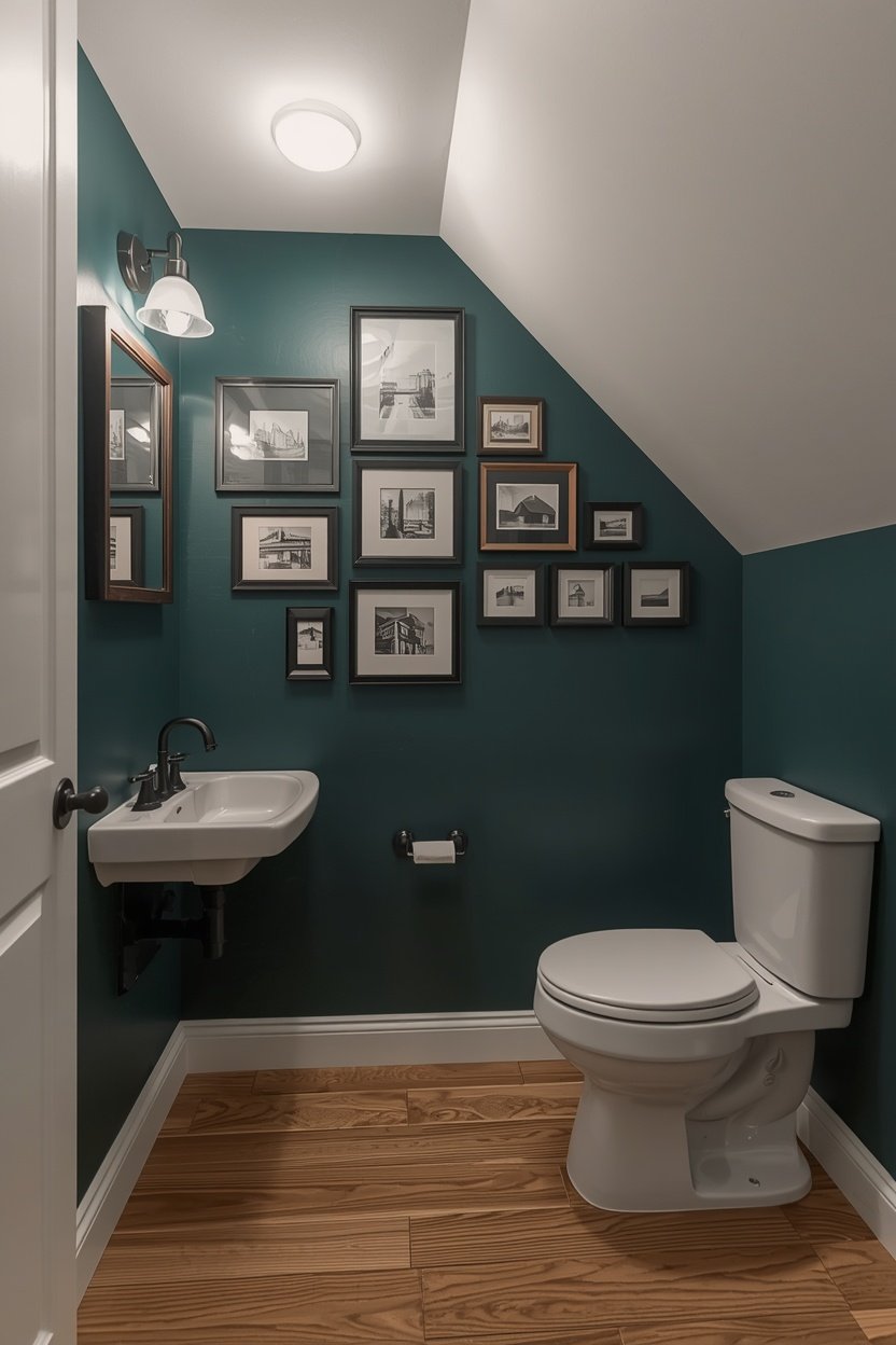 Gallery wall powder room under stairs with deep teal walls and mixed black and oak frames