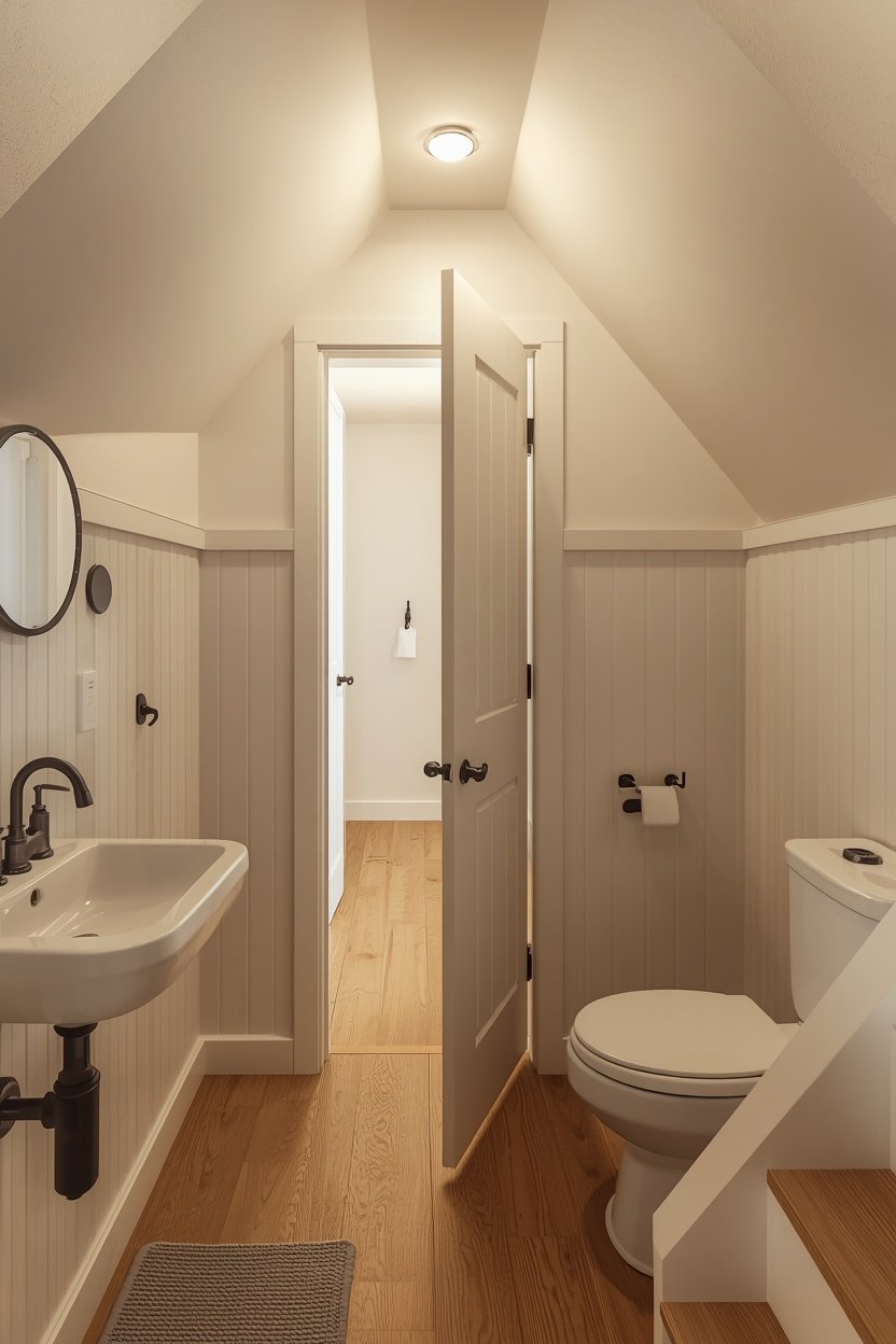 Hidden panel door leading to an under stairs bathroom in a warm white hallway