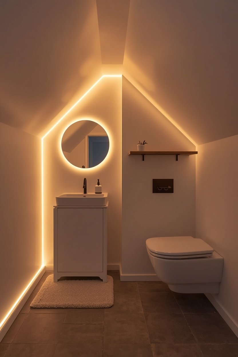 Warm LED strip lighting along a sloped ceiling in an under stairs bathroom