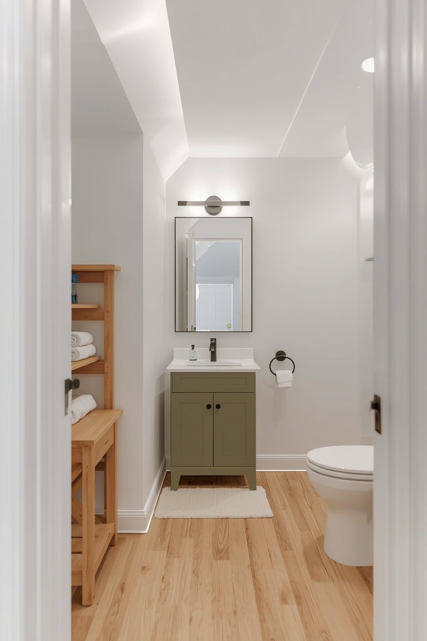 Light and airy white under stairs bathroom with sage green vanity and oak floors