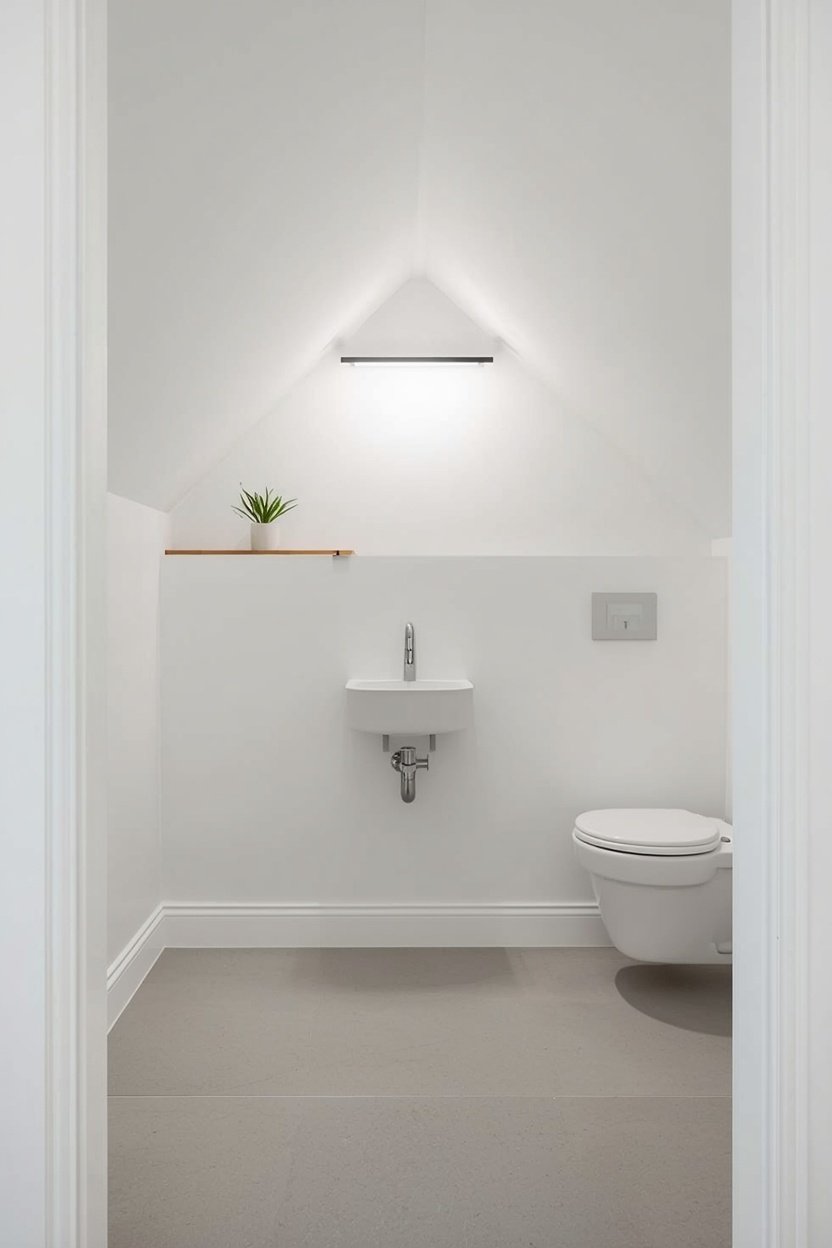 Minimal white under stairs bathroom with oak shelf and wall-hung fixtures