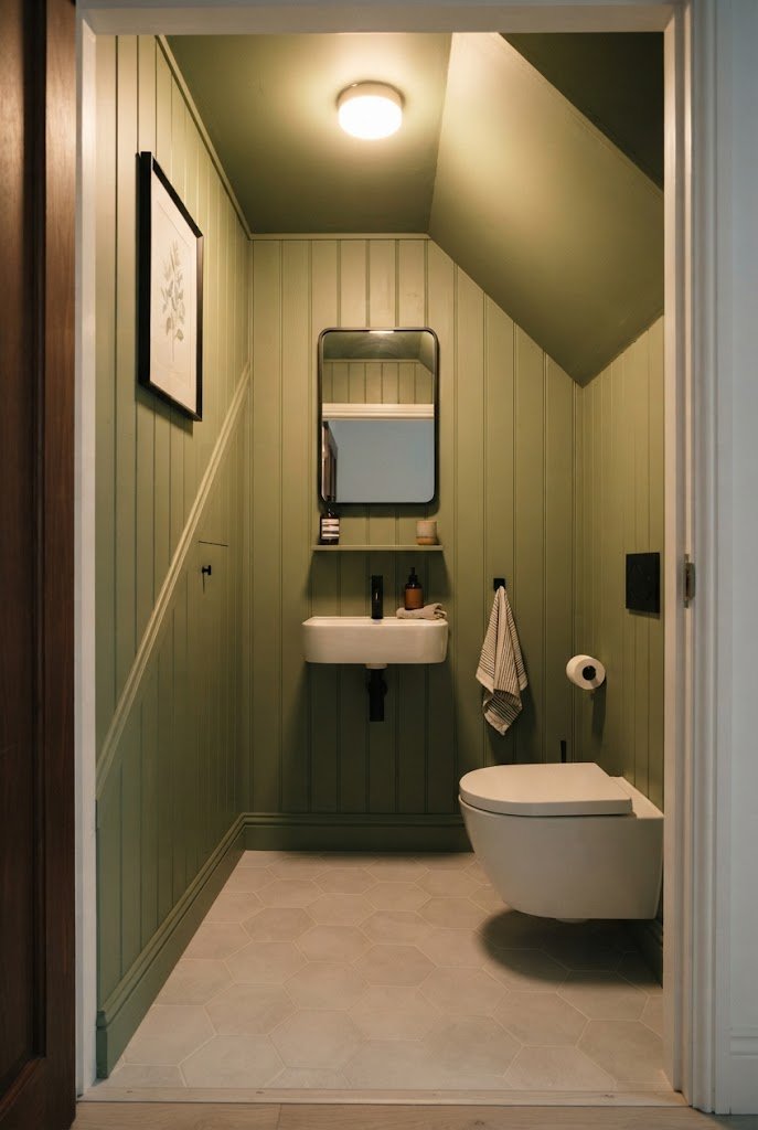Sage green painted paneling in an under stairs bathroom with black fixtures