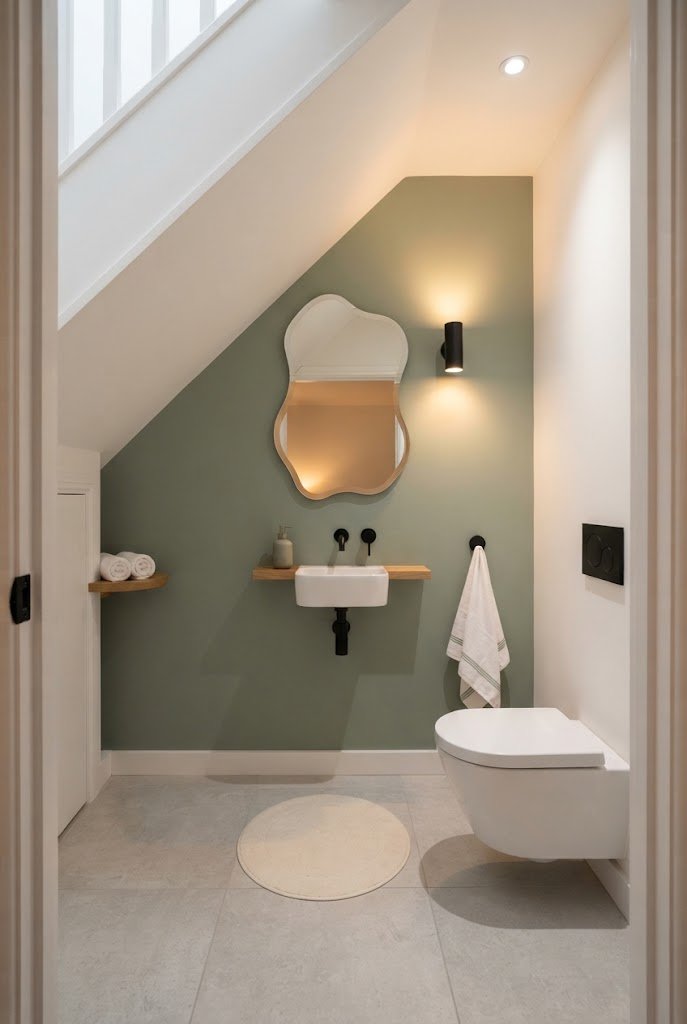 Quirky wavy-edge mirror in a sage green small bathroom under stairs