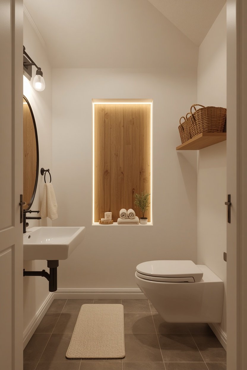 Recessed shelf niche with oak lining and hidden LED strip in an under stairs bathroom