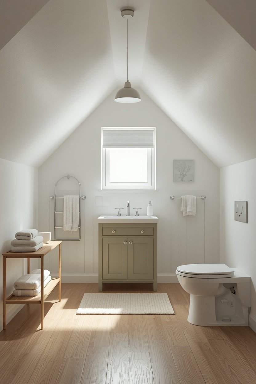 Small frosted window letting daylight into a white under stairs bathroom with oak shelf and sage vanity