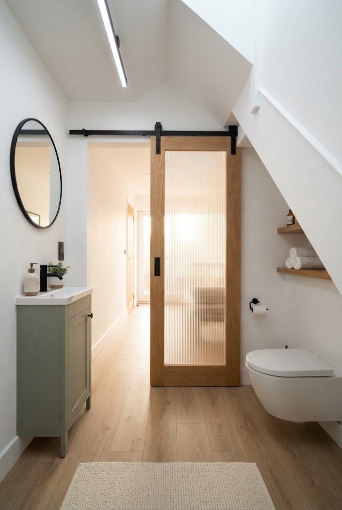 Oak sliding door with reeded glass on a black track for an under stairs bathroom