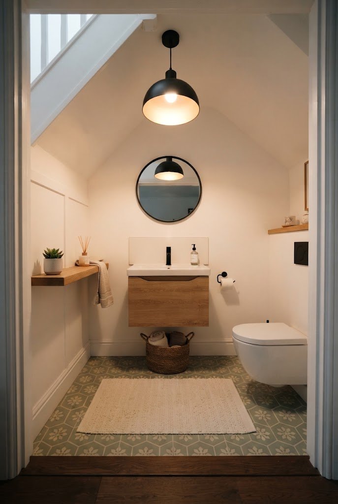 Black dome statement pendant light in a warm white under stairs bathroom