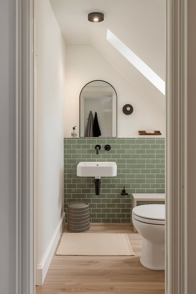 Sage green zellige-look tile accent wall with arched mirror in an under stairs bathroom