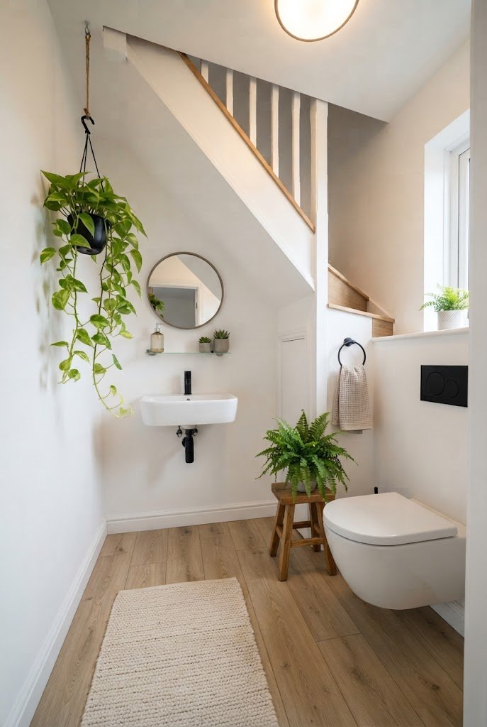 Trailing pothos plants in a bright white under stairs bathroom corner