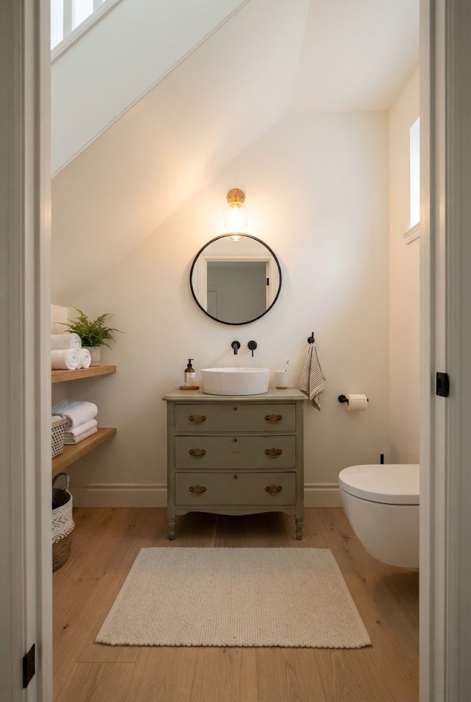 Vintage dresser vanity with white vessel sink in an under stairs bathroom