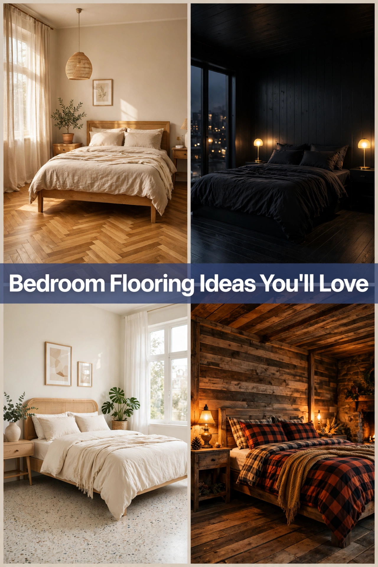 Bedroom flooring ideas collage with herringbone, black wood, terrazzo, and reclaimed wood bedrooms