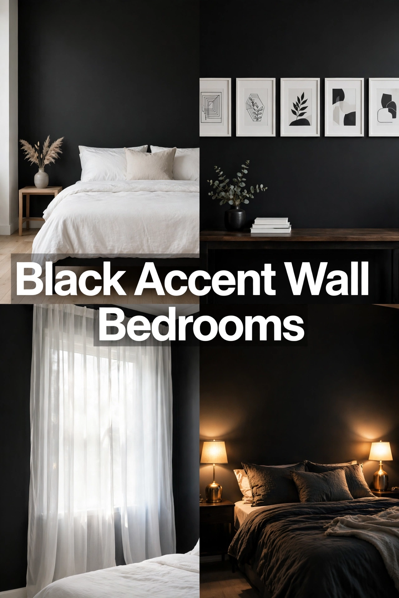 Black accent wall bedrooms collage with minimalist, gallery, sheer curtain, and glowing black walls