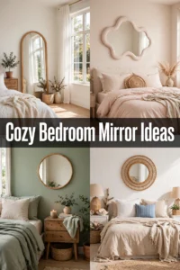 Cozy bedroom mirror ideas collage with arched, blob, round, and rattan mirrors