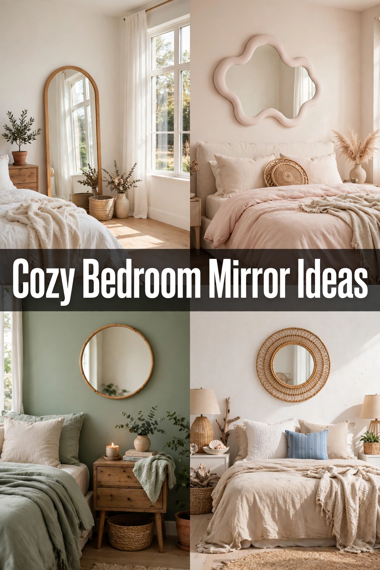 Cozy bedroom mirror ideas collage with arched, blob, round, and rattan mirrors