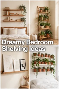 Dreamy bedroom shelving ideas collage with floating shelves, rattan ladder, gallery ledges, and plant wall
