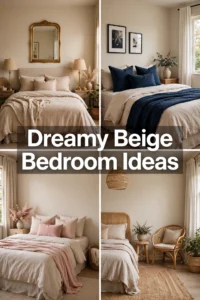 Dreamy beige bedroom ideas collage with gold, navy, blush and natural fibre rooms