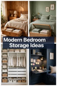 Modern bedroom storage ideas collage with drawer bed, storage ottoman, closet organizer, and fold-down desk