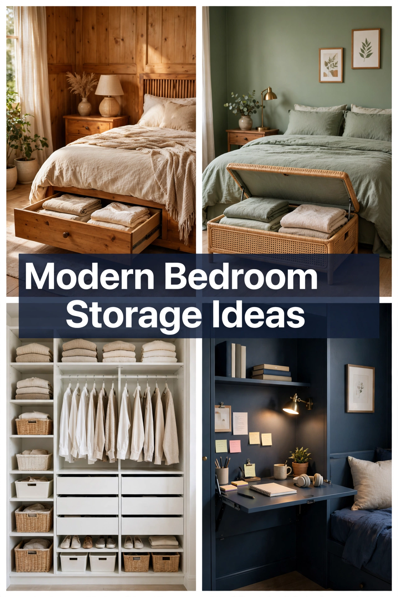 Modern bedroom storage ideas collage with drawer bed, storage ottoman, closet organizer, and fold-down desk