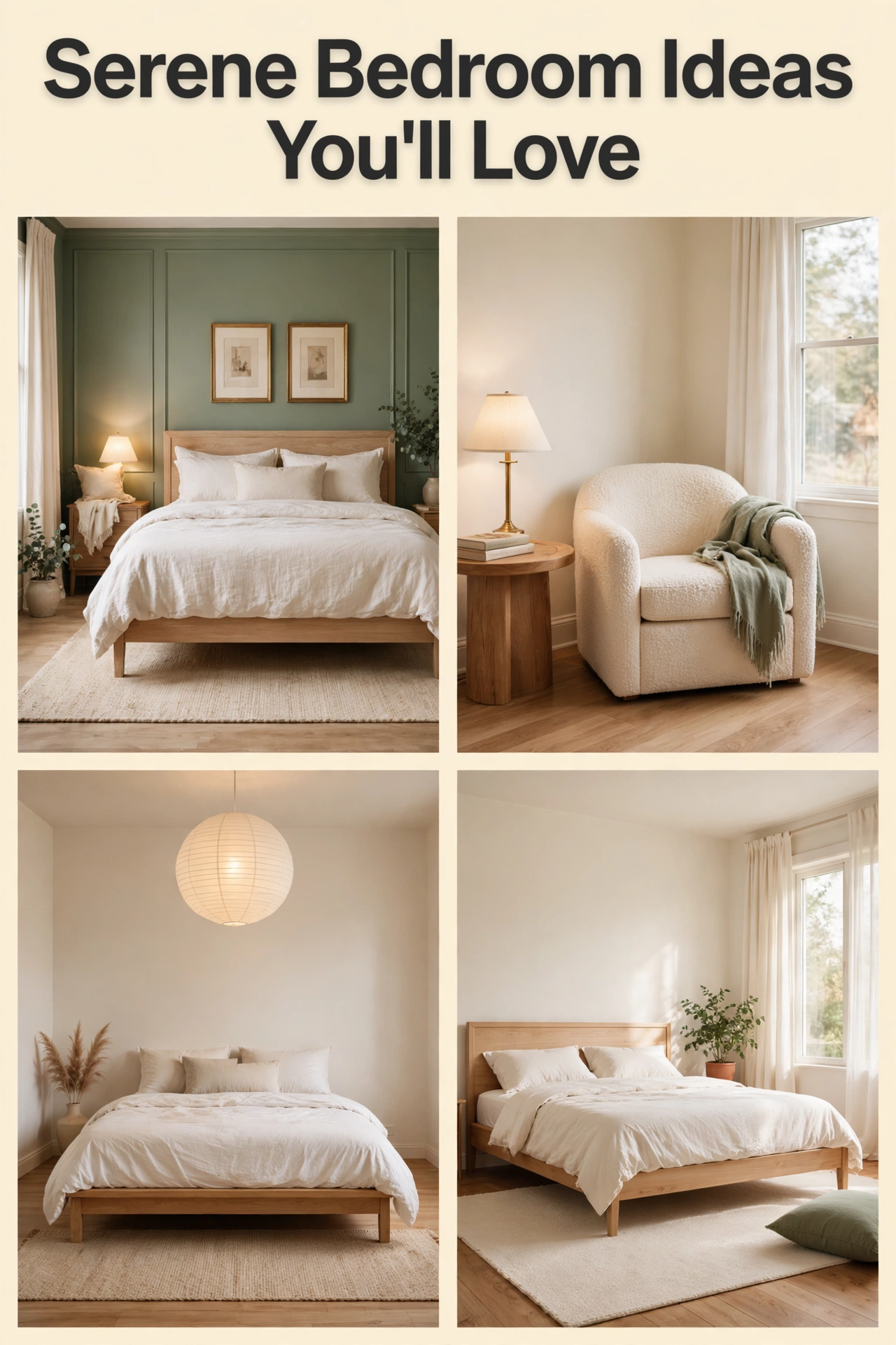 serene bedroom ideas collage with sage green, cream boucle, paper lantern and soft rug bedrooms