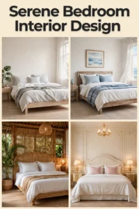 serene bedroom interior design collage with scandinavian, coastal, bali rattan and french romance bedrooms