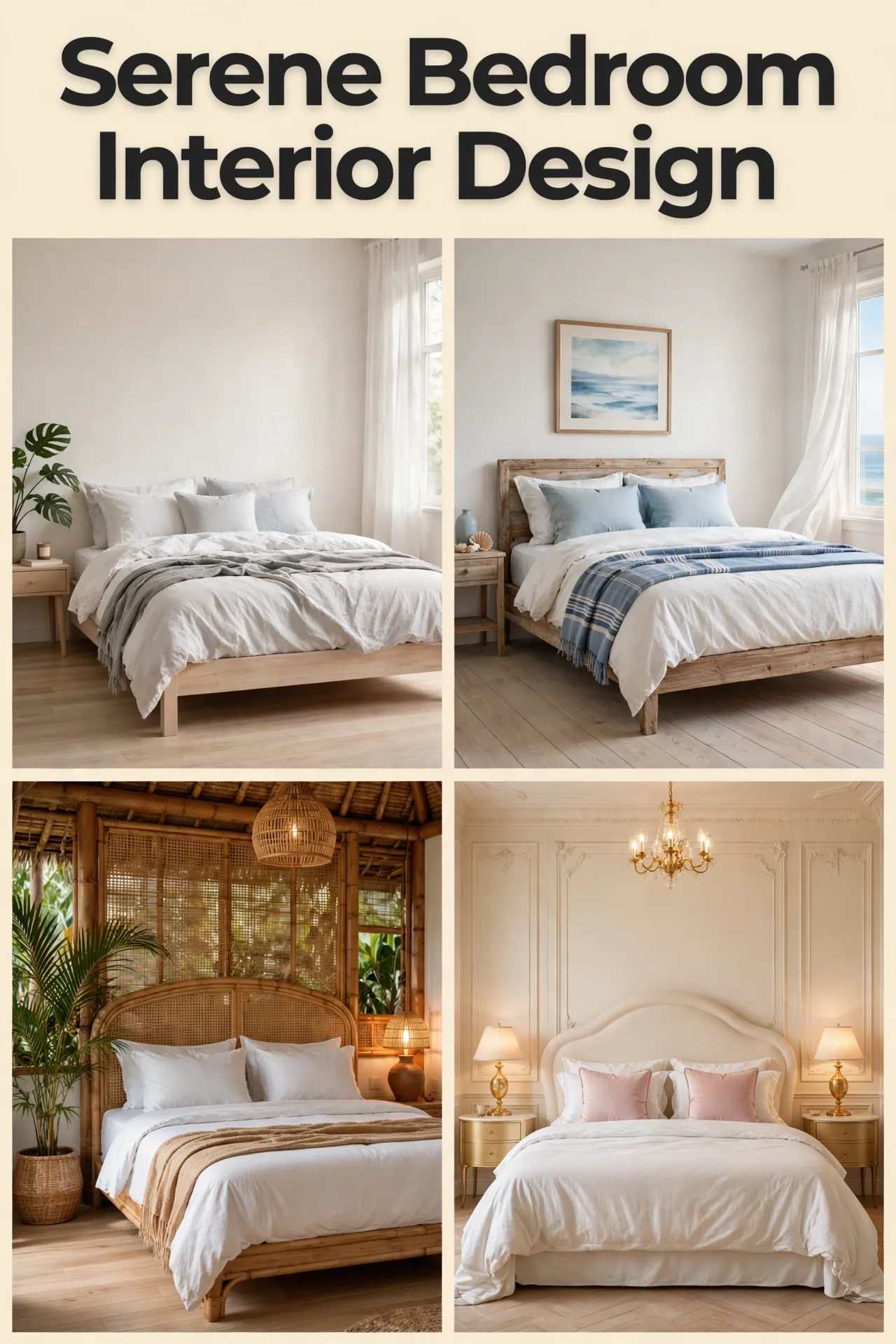 serene bedroom interior design collage with scandinavian, coastal, bali rattan and french romance bedrooms